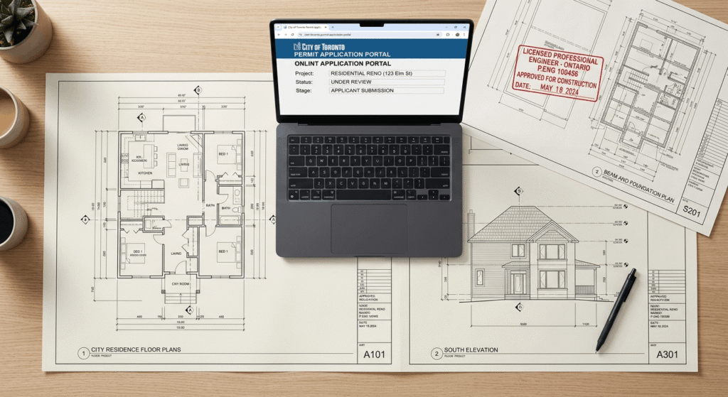 Architectural drawings and structural engineering documents laid out on a desk for a Toronto second floor addition building permit application