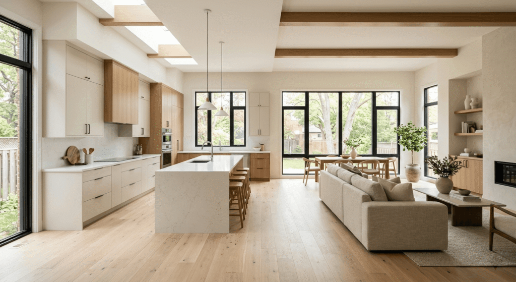 Newly completed 1,000 sq ft home addition interior in Ontario featuring open-concept kitchen and living space with high ceilings
