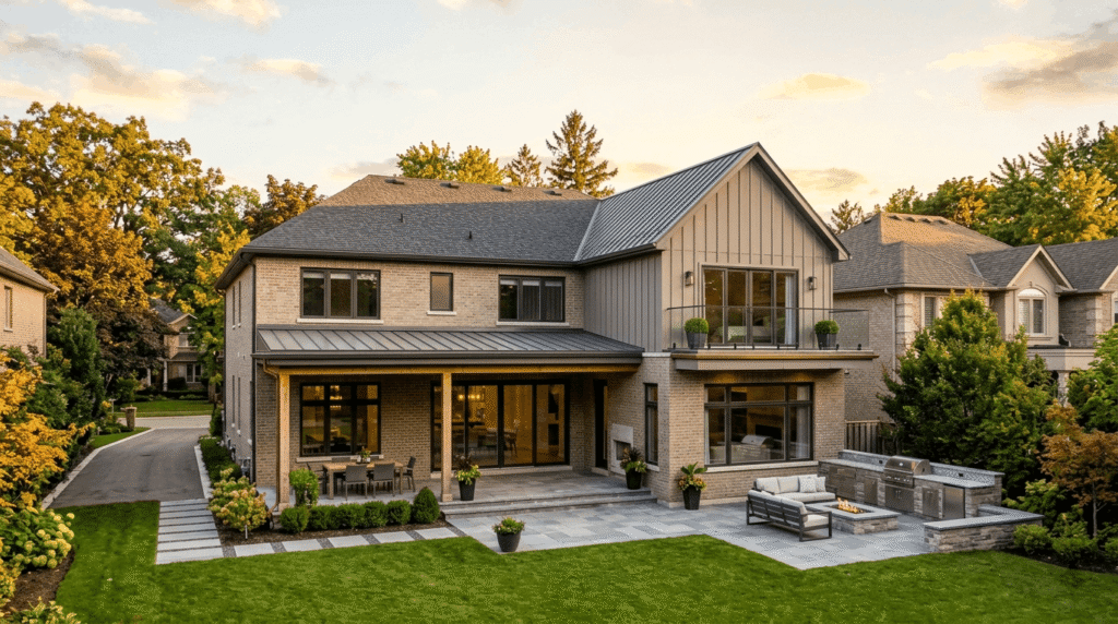 Exterior view of a two-storey Ontario home with a 1,000 sq ft addition seamlessly integrated into the original structure