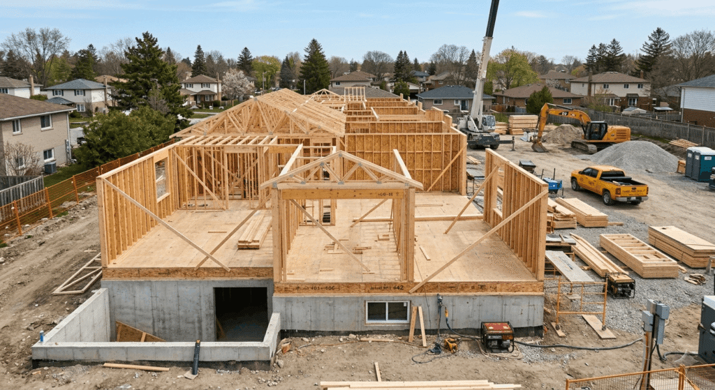 Construction crew building a multi-family fourplex residential property in Ontario
