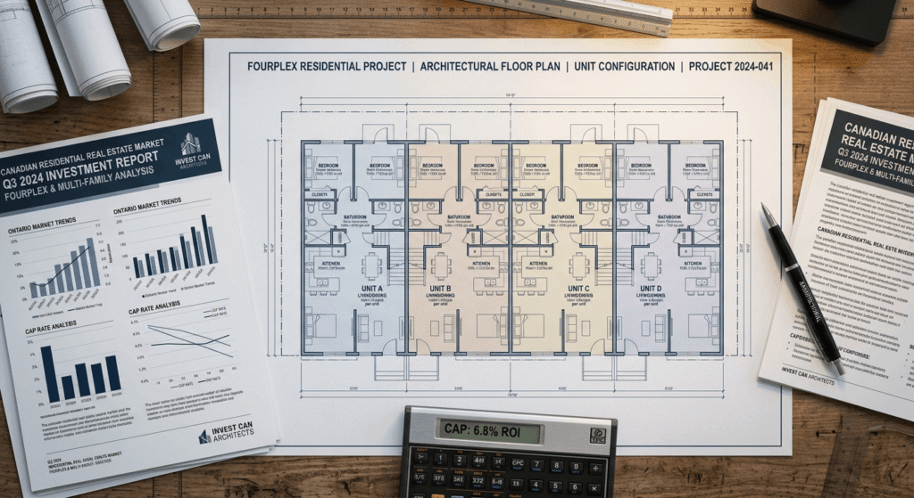 4 plex floor plan blueprint and investment analysis documents on a drafting table