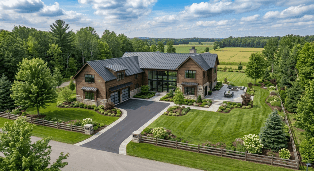Aerial view of a custom home under construction in Simcoe County Ontario showing wood framing, concrete foundation, construction equipment, and rural lot surrounded by fields and forest