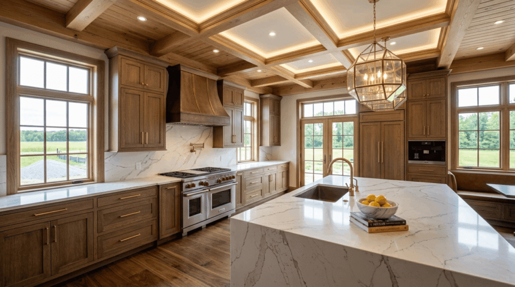Luxury custom kitchen interior with quartz waterfall island, walnut cabinetry, coffered ceiling, brass fixtures, and farmland views through large windows in a Simcoe County custom home
