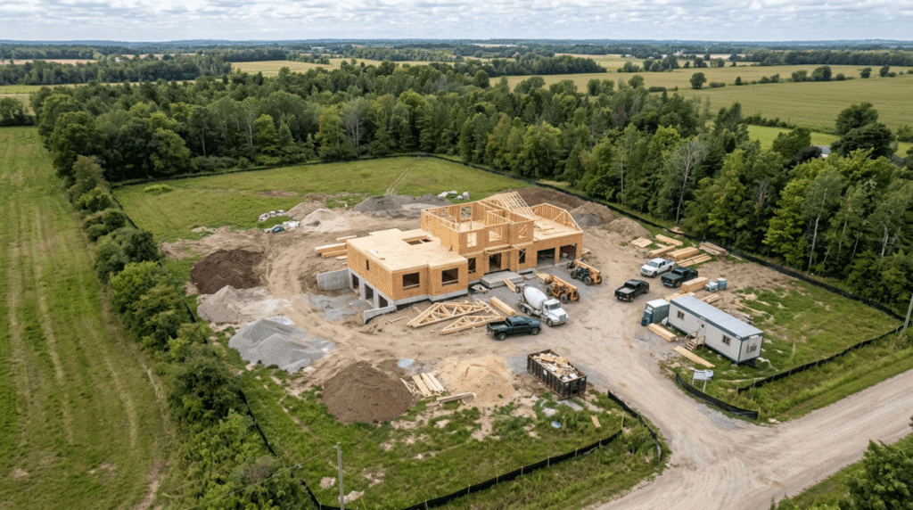 Aerial view of a custom-built home in Simcoe County Ontario with metal roof, wood siding, stone accents, and landscaped grounds surrounded by fields and trees