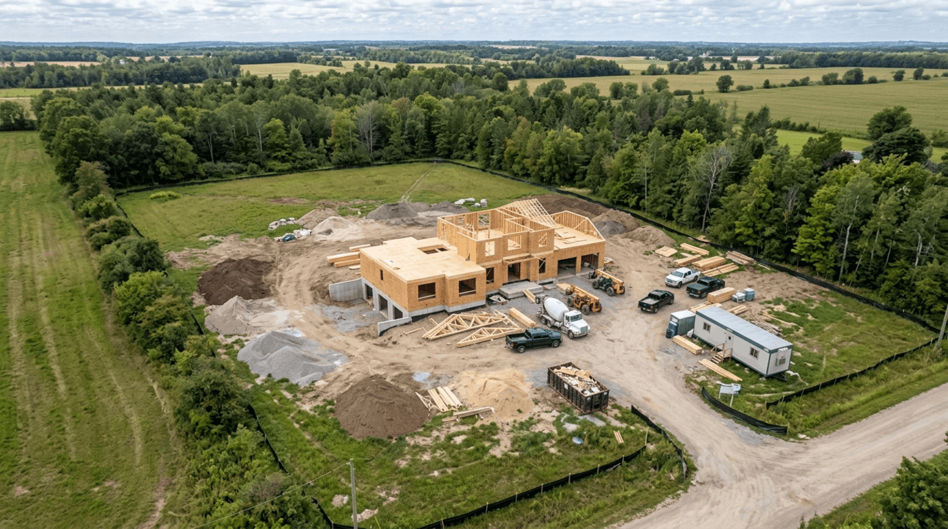 Aerial view of a custom-built home in Simcoe County Ontario with metal roof, wood siding, stone accents, and landscaped grounds surrounded by fields and trees