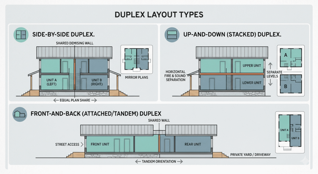 Diagram showing three duplex configurations: side-by-side, up-and-down, and front-and-back layouts