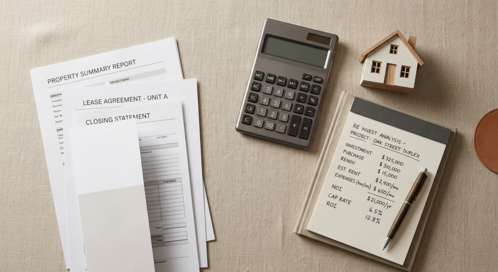 Real estate investment documents and calculator representing duplex rental income analysis in Ontario
