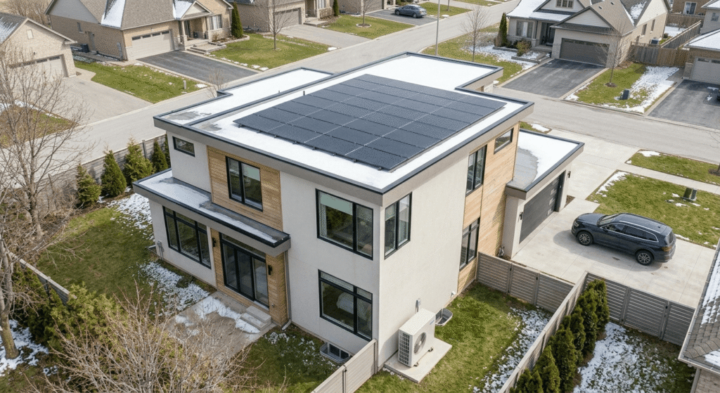 Modern Ontario residential home with solar panels and heat pump meeting R-2000 and ZCB net zero building standards