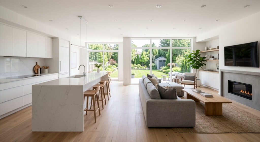  Fully renovated open-concept kitchen with quartz island, white oak flooring, and pot lights in a GTA luxury home