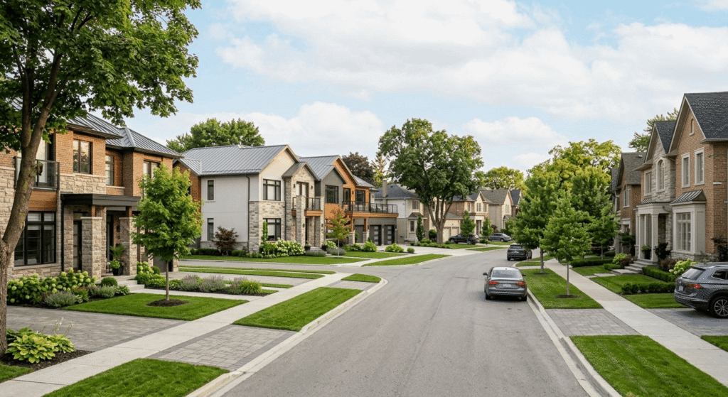 Residential street in the Greater Toronto Area showing a mix of single-family and multiplex homes