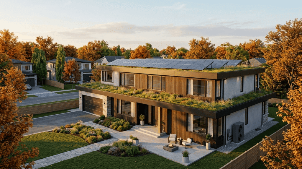 Modern sustainable Ontario home with solar panels and green roof representing LEED, R-2000, and Zero Carbon Building certification standards