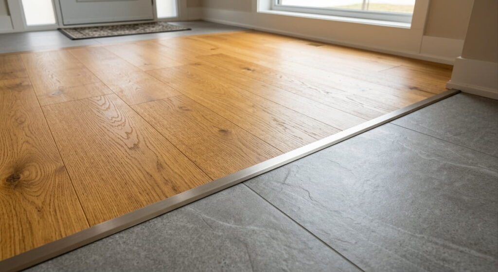 Newly installed engineered hardwood floor transitioning into large-format tile in an Ontario home renovation