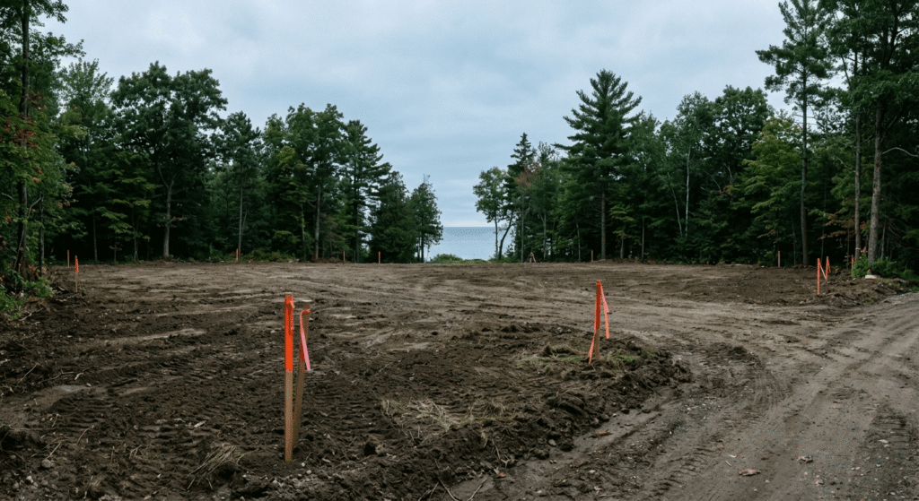 Vacant residential lot near Lake Ontario in Mississauga's Lakeview area, graded and surveyed with mature trees and waterfront views