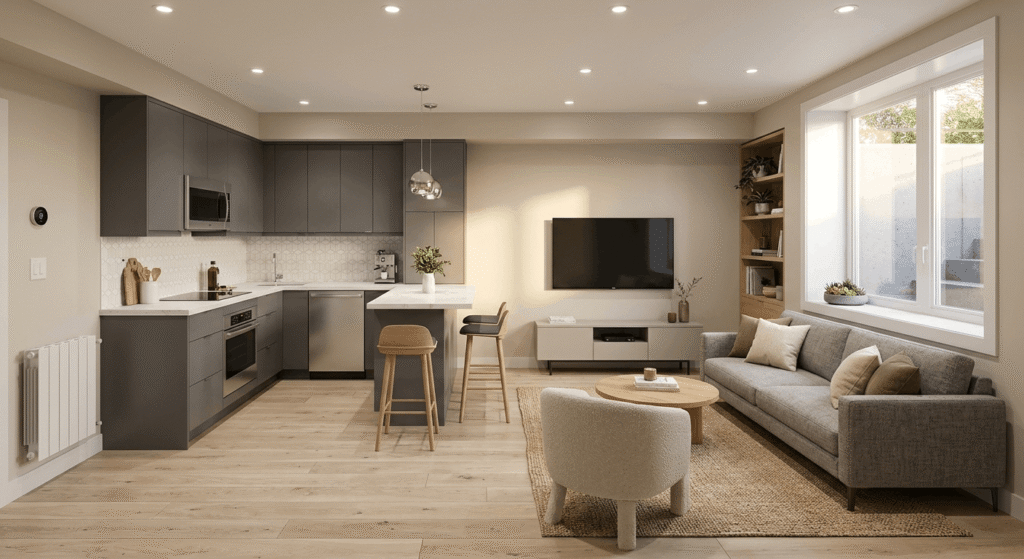 Finished legal basement suite interior in Ontario home addition