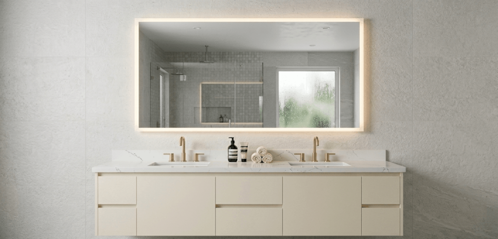 Custom double vanity with navy cabinetry and quartz countertop in a Mississauga bathroom remodel