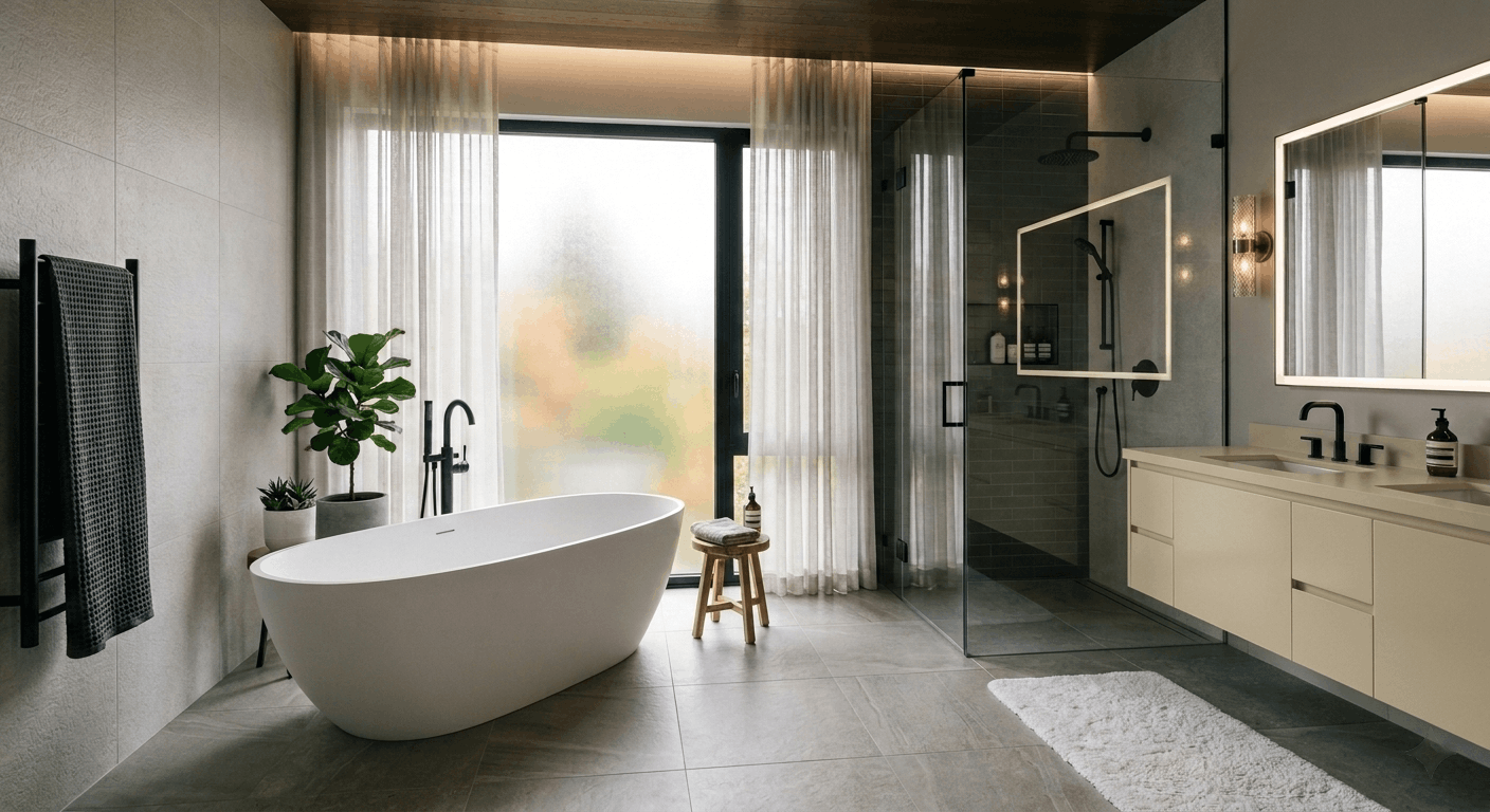 Modern bathroom renovation with freestanding tub and large-format porcelain tile in Mississauga home