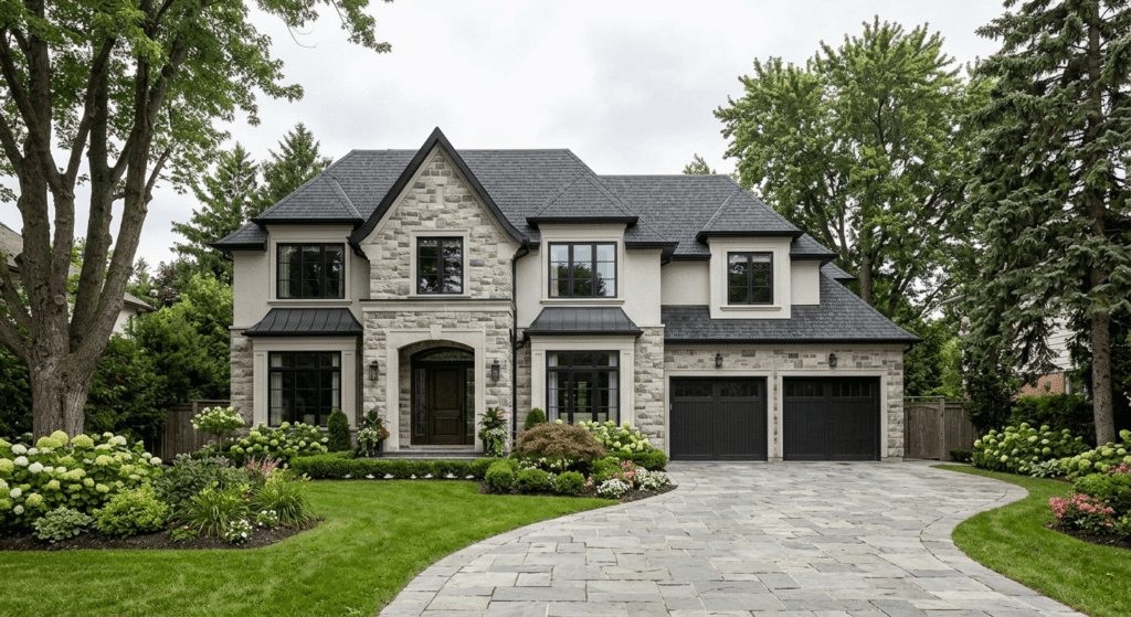 Newly built luxury custom home in Mississauga with French country architecture, stone cladding, and manicured landscaping