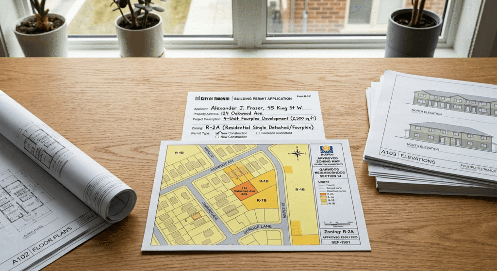 Ontario building permit documents and zoning map for 4 plex development approval
