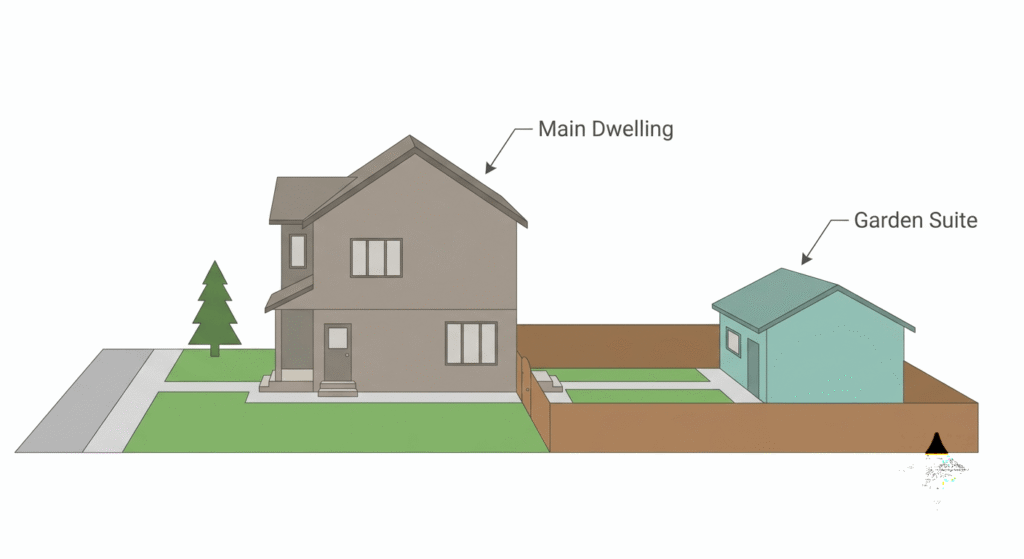 Flat architectural illustration of an Ontario residential lot showing a main house and a separate garden suite in the backyard, representing the ARU framework