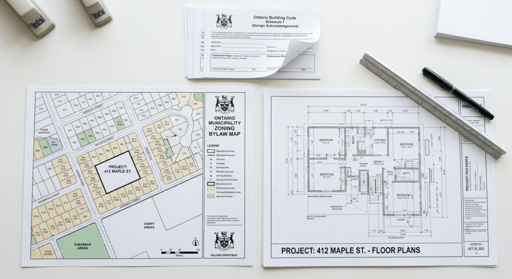 Ontario building permit application zoning bylaw drawings and Schedule 1 forms