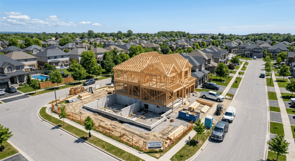Custom home under construction in Ontario showing wood framing and foundation