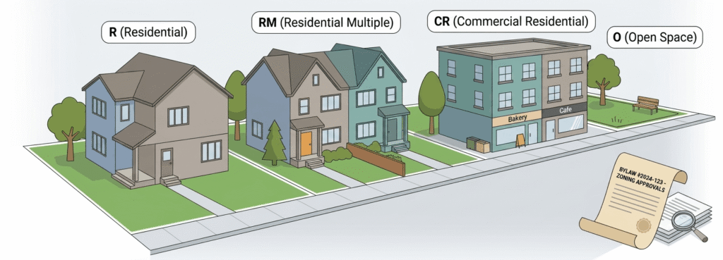 Flat isometric illustration of an Ontario neighbourhood showing residential and mixed-use properties with zoning labels and a municipal bylaw document, representing the property rezoning process