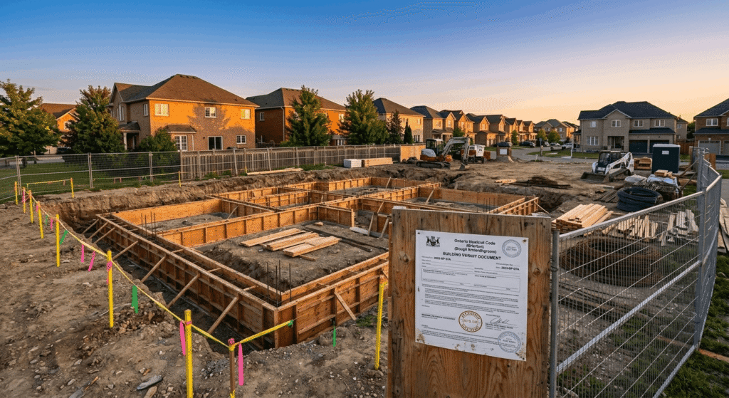 Ontario residential construction site with building permit sign and foundation formwork GTA