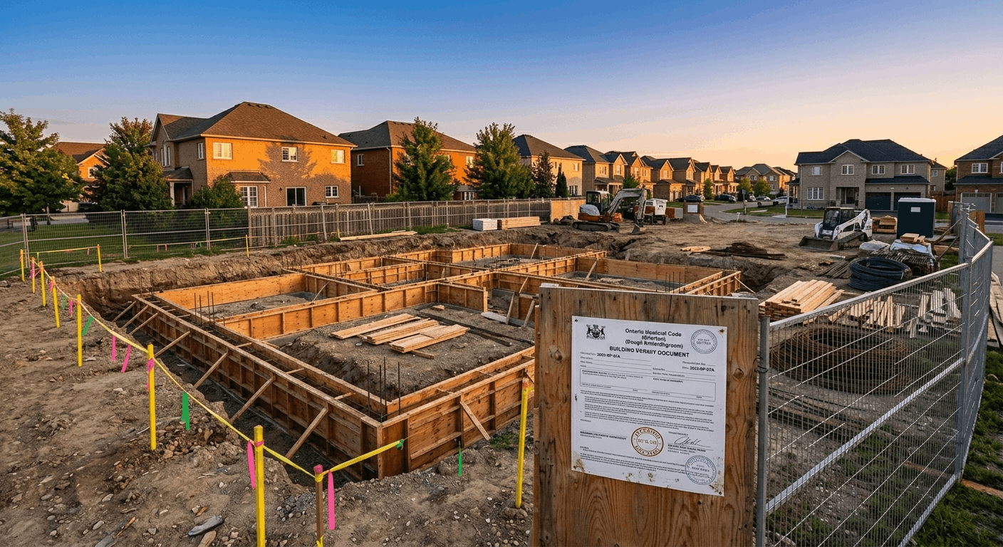 Ontario residential construction site with building permit sign and foundation formwork GTA