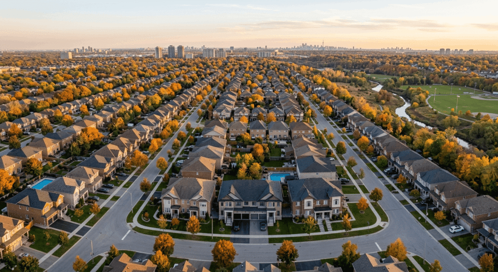 Aerial view of Ontario residential neighbourhood with duplex and single-family homes
