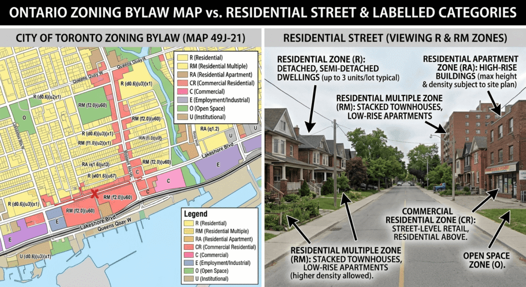 Ontario zoning bylaw map with residential and commercial zoning designations highlighted