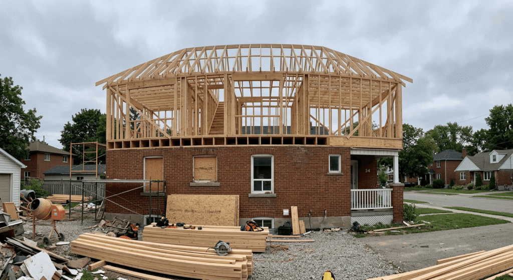 Raw structural wood framing of a second storey home addition in Ontario showing floor joists, load-bearing walls, and roof structure under construction
