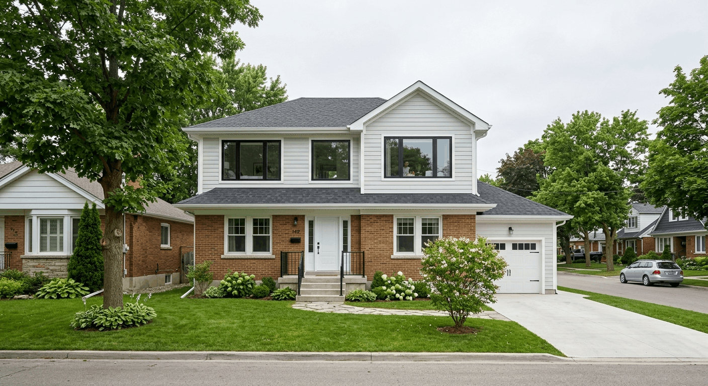 Completed second storey addition on a brick Ontario bungalow with new upper floor, large windows, and asphalt roof