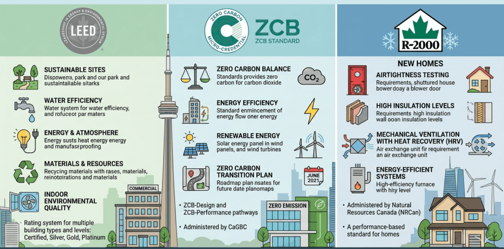 Green building certifications Ontario comparing LEED ZCB and R-2000 program standards