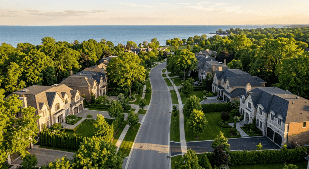 Aerial view of a tree-lined luxury residential street in south Mississauga with large custom homes on wide estate lots