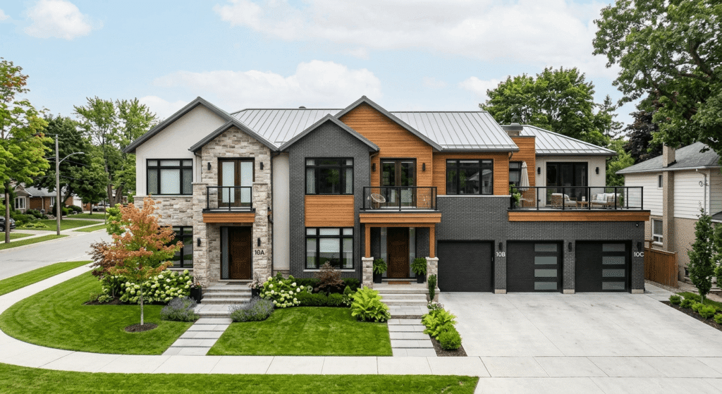 Triplex home conversion showing three separate entrances and modern exterior finishes