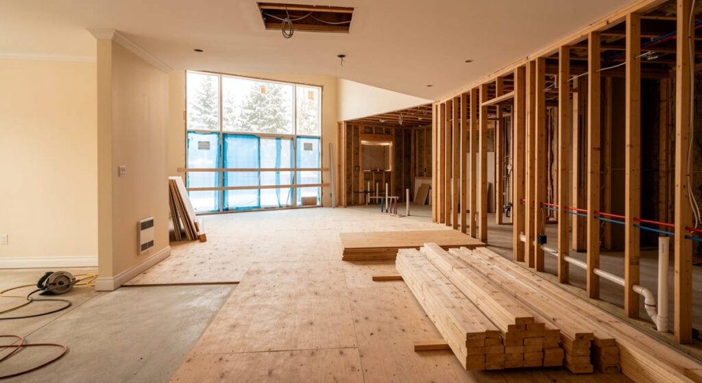 Interior of an Ontario home mid-renovation showing exposed framing, subfloor, and rough-in plumbing during a whole-home reno