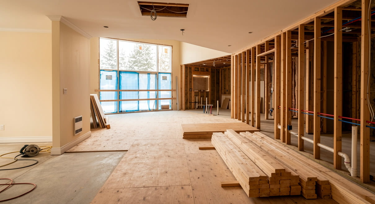 Interior of an Ontario home mid-renovation showing exposed framing, subfloor, and rough-in plumbing during a whole-home reno