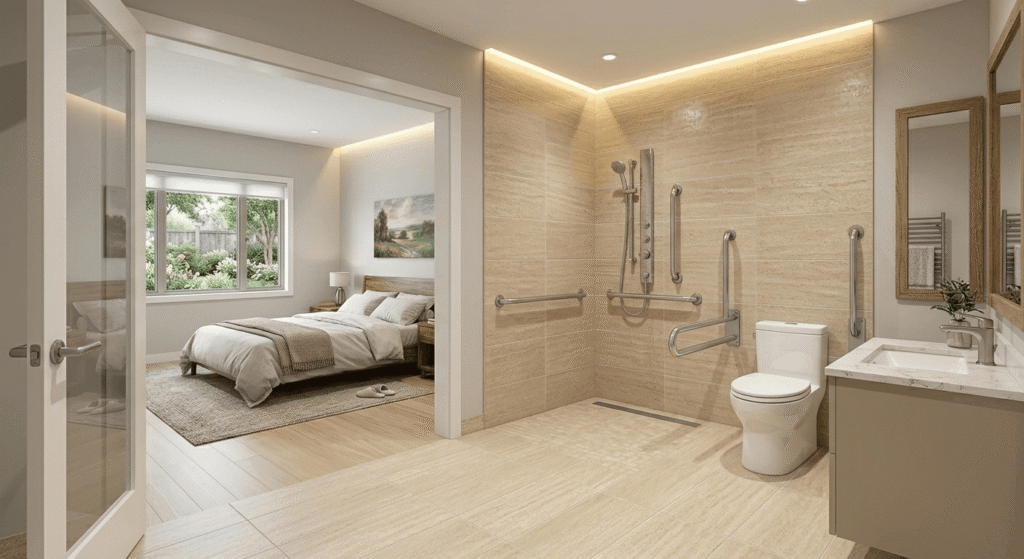 Accessible in-law suite bathroom with roll-in shower and grab bars