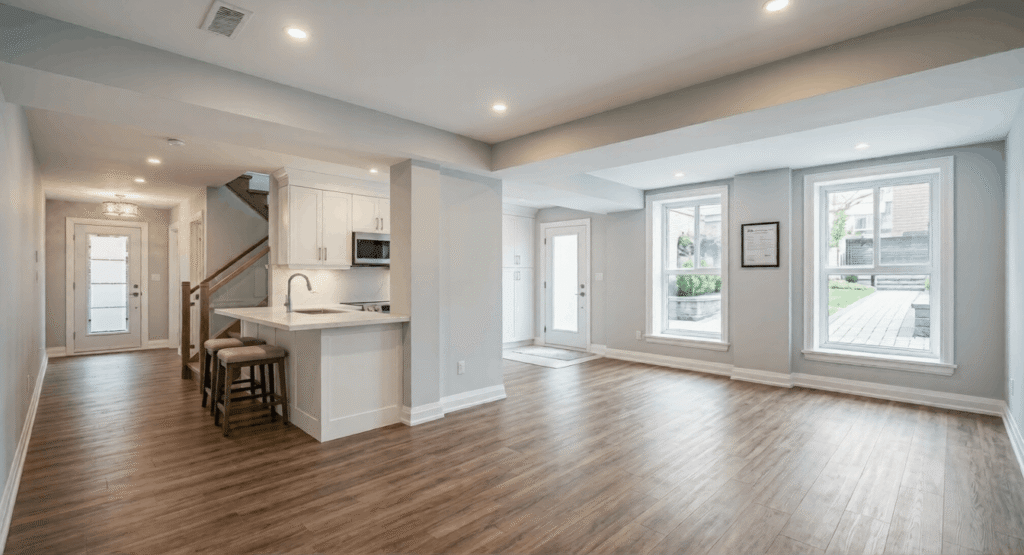 Legal basement secondary suite with kitchen and egress window in a GTA home