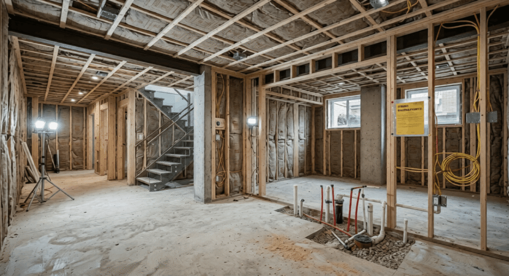 Toronto basement renovation in progress showing framing, insulation, and rough-in plumbing