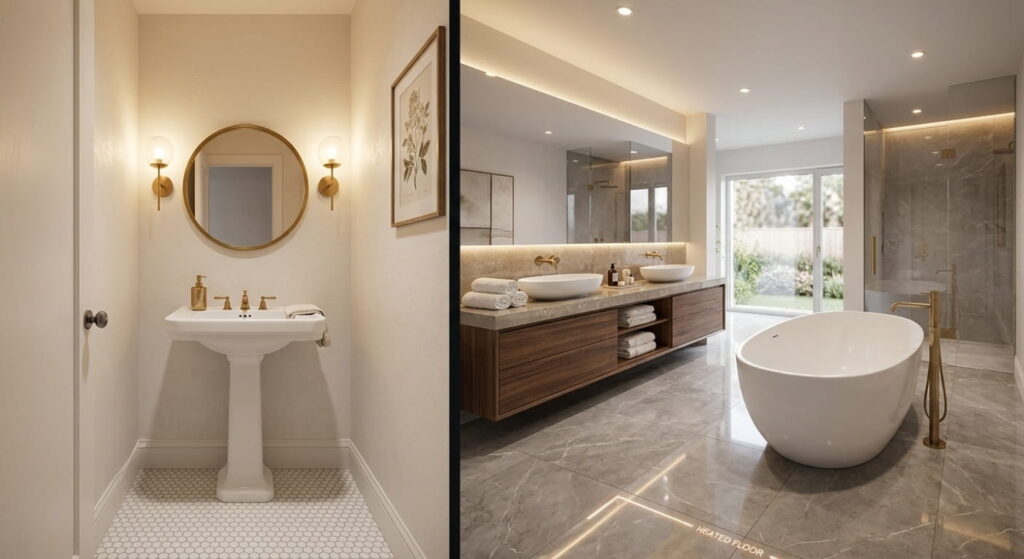  Bathroom renovation cost comparison showing a compact powder room refresh versus a luxury master ensuite in a GTA home
