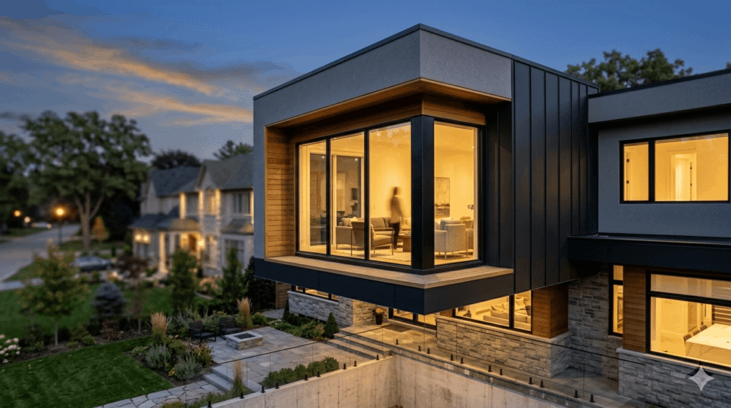  Modern bump-out addition on a Canadian home with dark cladding and large window at dusk