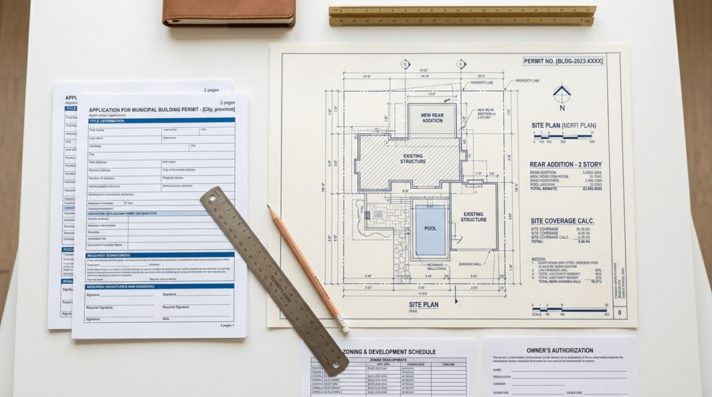 Building permit application and architectural site plan documents for a Canadian home addition project