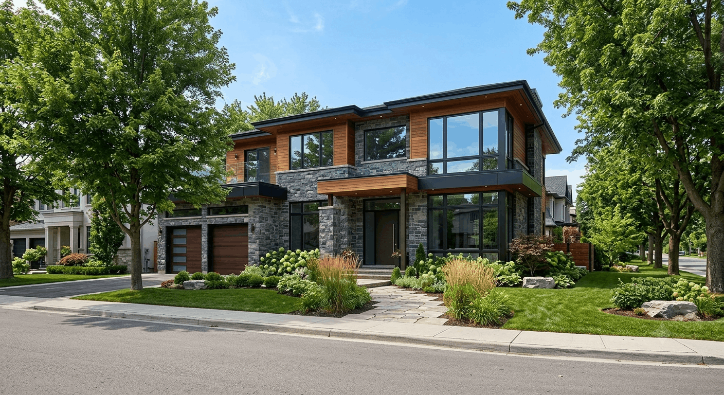 Custom-built luxury home exterior in a Mississauga neighbourhood with modern architecture