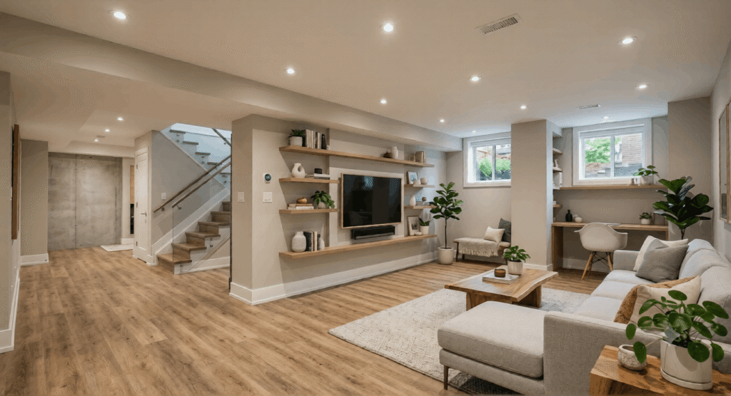 Modern finished basement interior in Toronto with LVP flooring and recessed LED pot lights