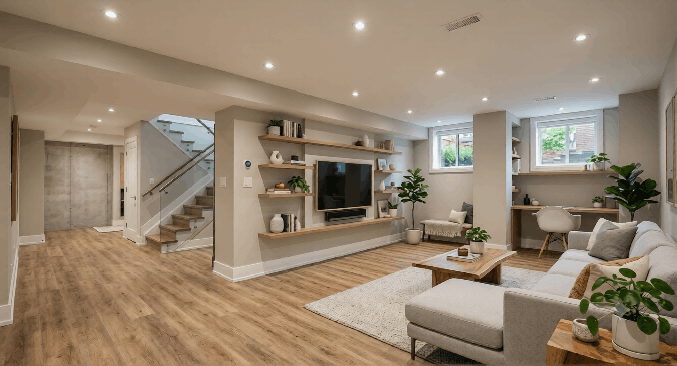 Modern finished basement interior in Toronto with LVP flooring and recessed LED pot lights
