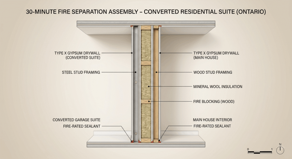 30-minute fire separation wall requirements for garage conversion to secondary suite in Ontario — Type X drywall and insulation cross-section