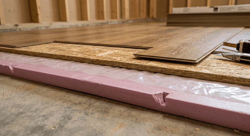 Garage conversion flooring layers Ontario — rigid foam insulation, vapour barrier and luxury vinyl plank subfloor build-up on concrete slab