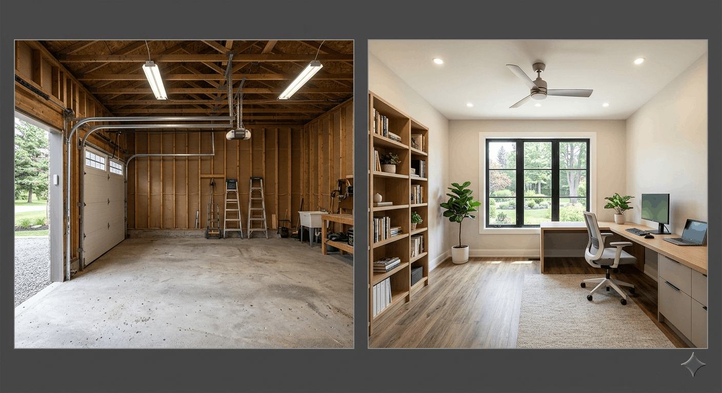 Garage conversion to living space before and after Ontario — raw concrete garage on left, finished home office with vinyl plank flooring on right