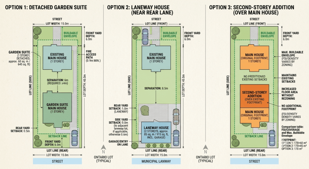 Site plan comparing garden suite, laneway house, and second-storey addition placements